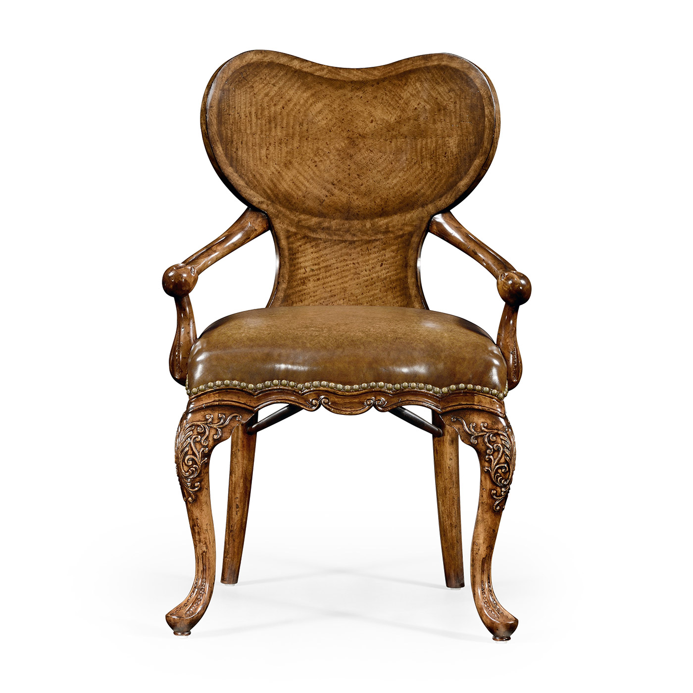 George I style walnut kidney desk chair with medium antique chestnut leather