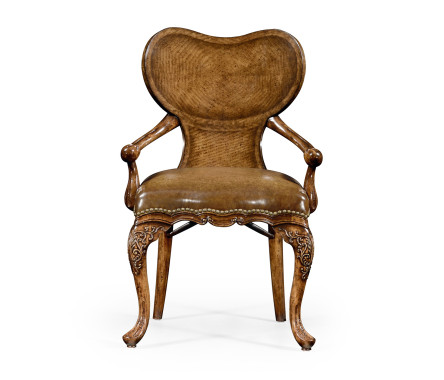 George I style walnut kidney desk chair with medium antique chestnut leather