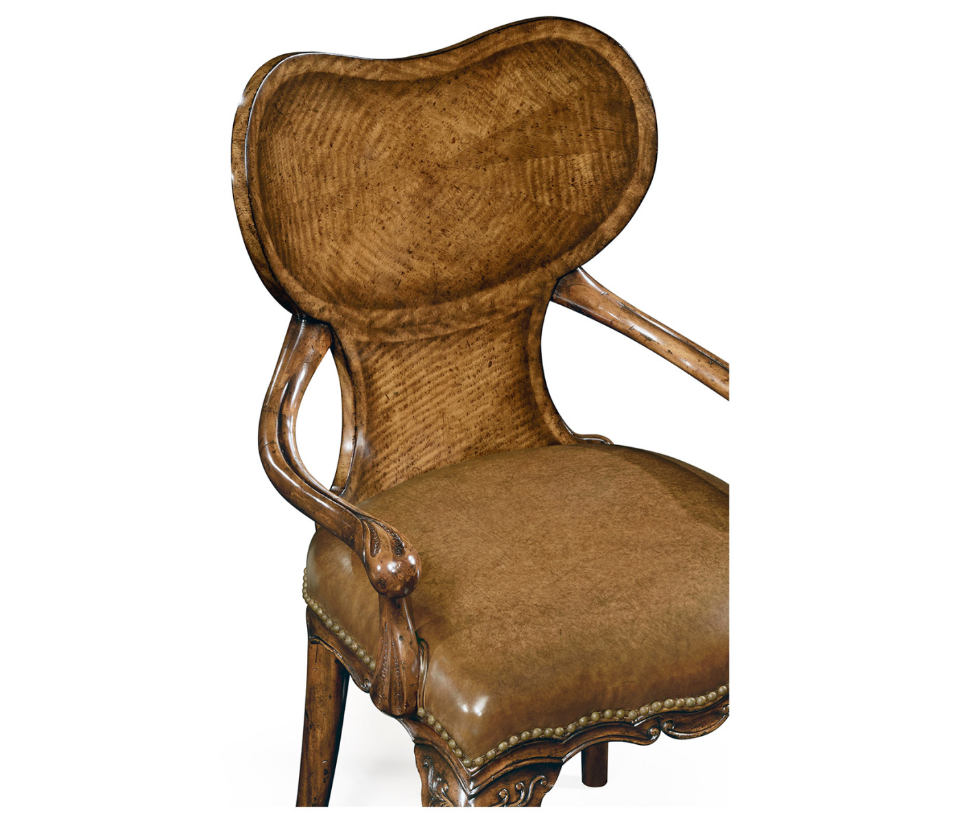 George I style walnut kidney desk chair with medium antique chestnut leather