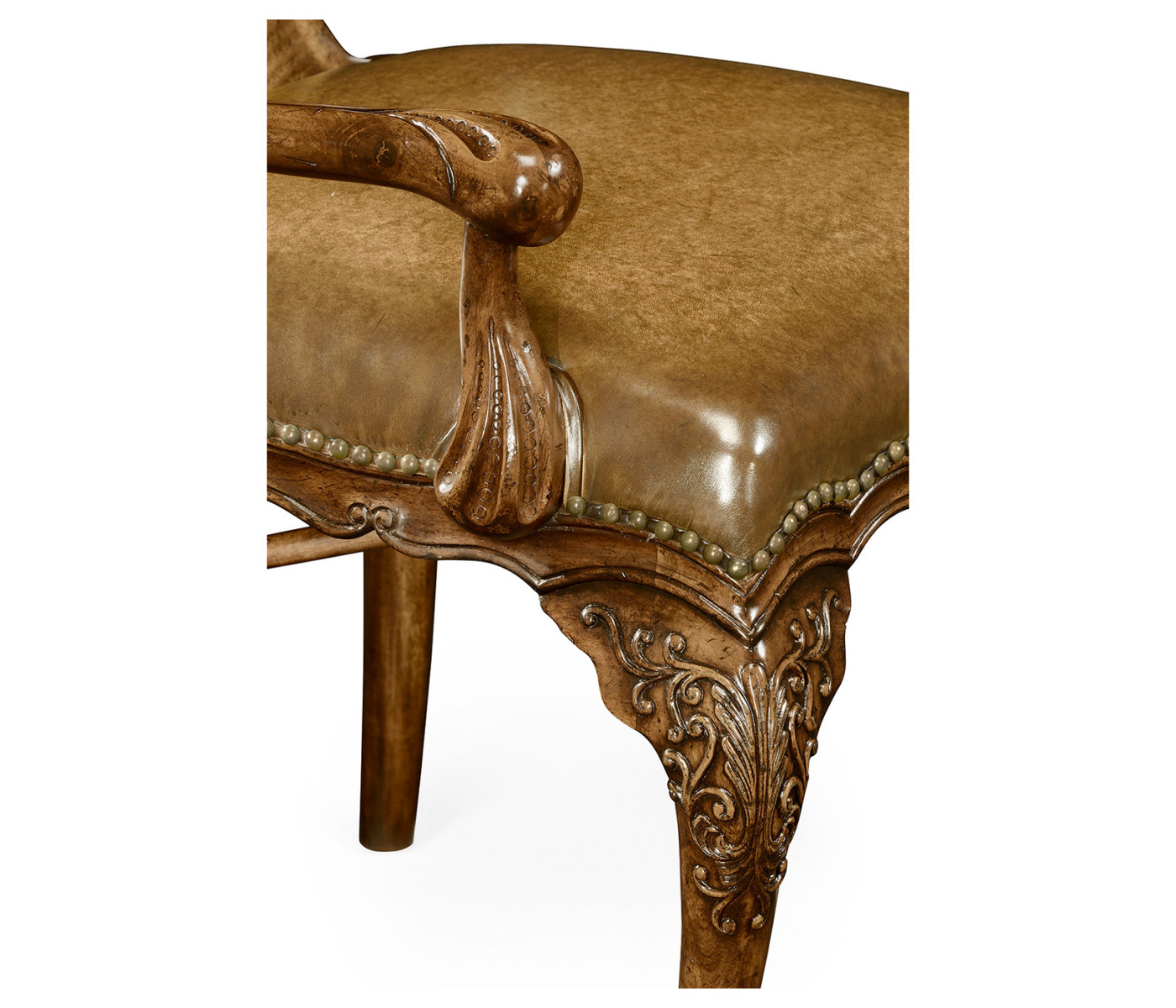 George I style walnut kidney desk chair with medium antique chestnut leather