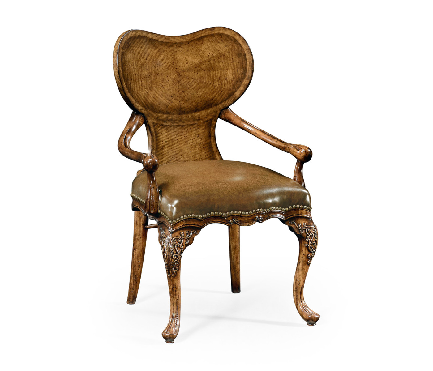 George I style walnut kidney desk chair with medium antique chestnut leather