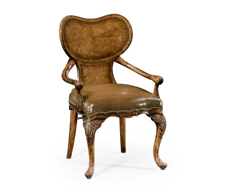 George I style walnut kidney desk chair with medium antique chestnut leather