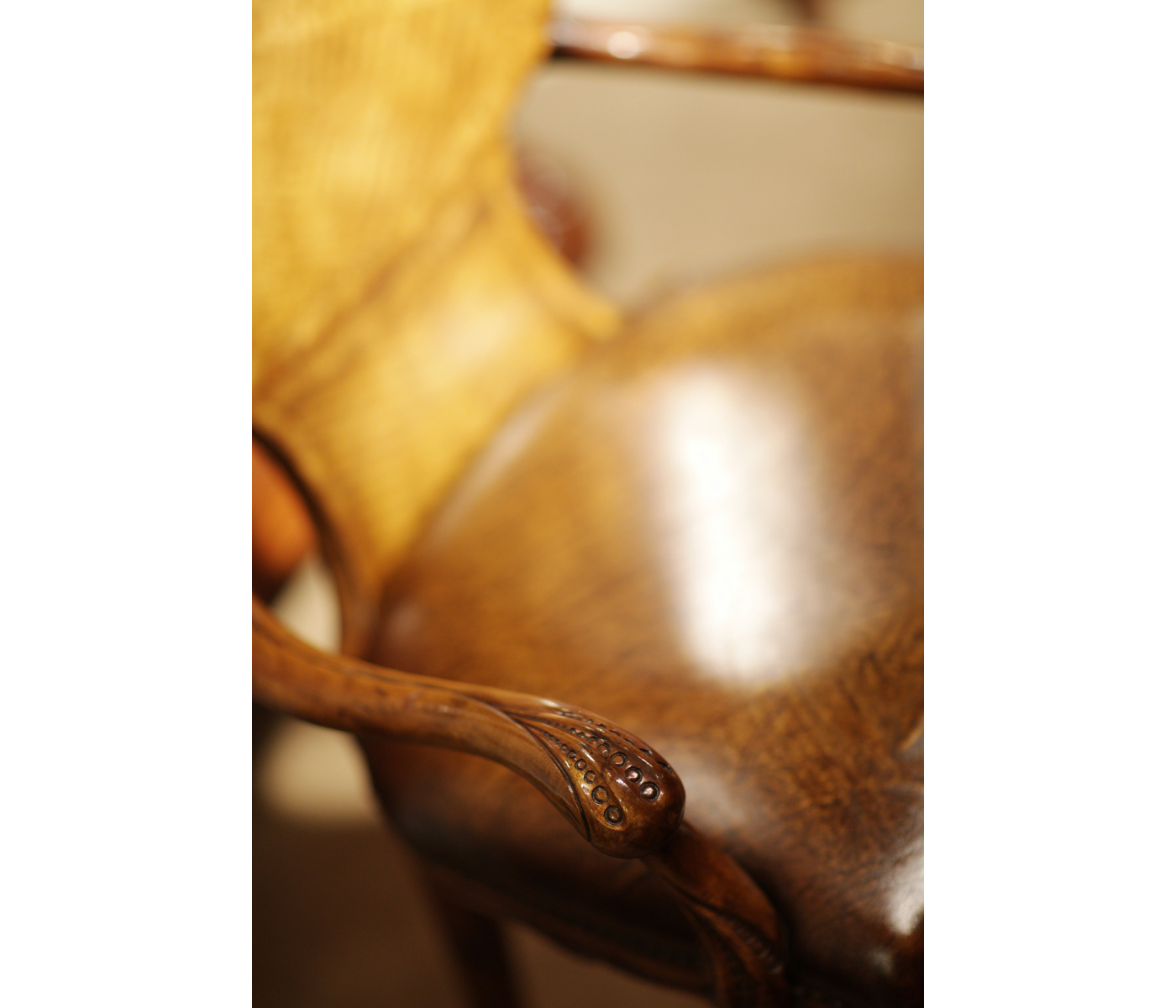 George I style walnut kidney desk chair with medium antique chestnut leather