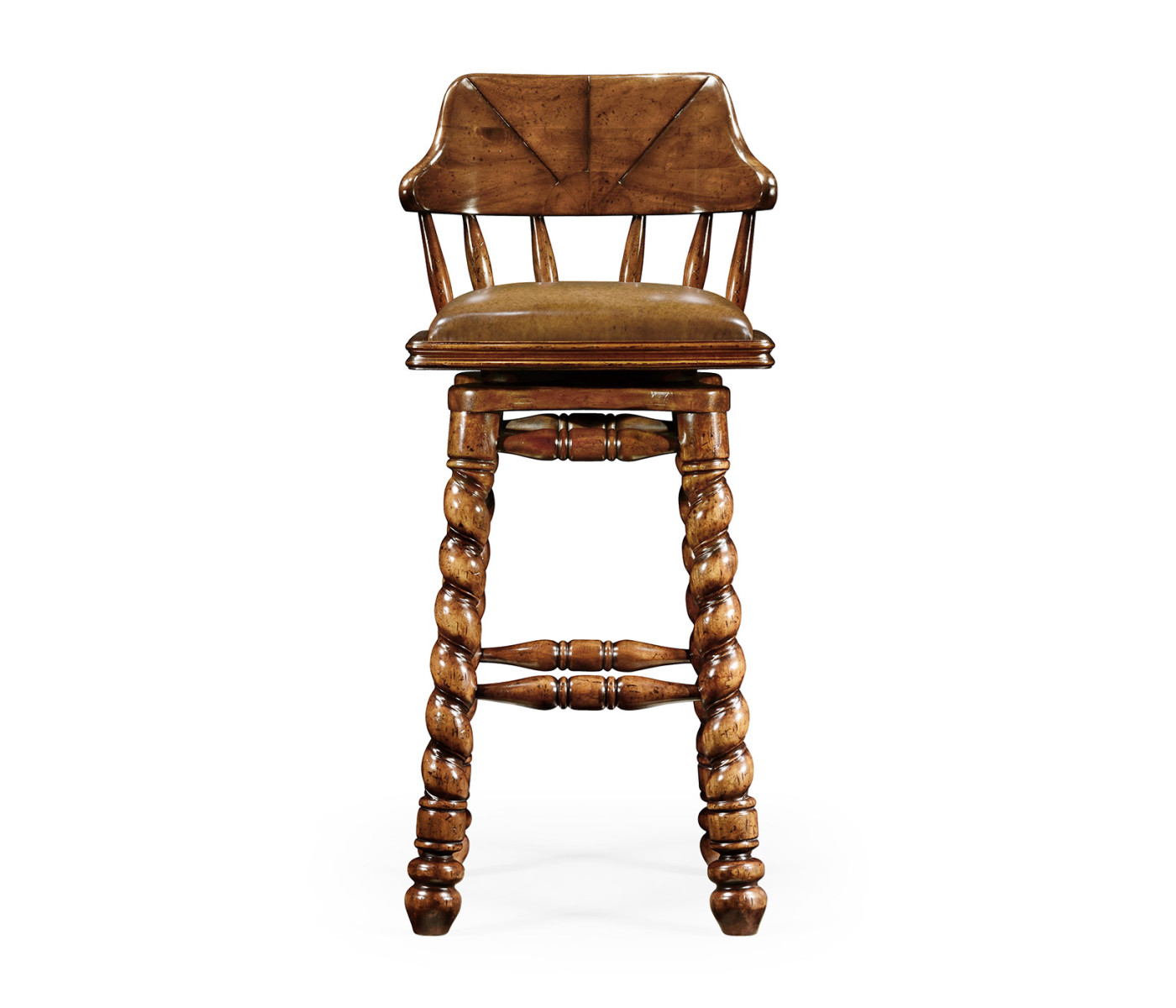 Country style walnut leather barstool with barley twist legs