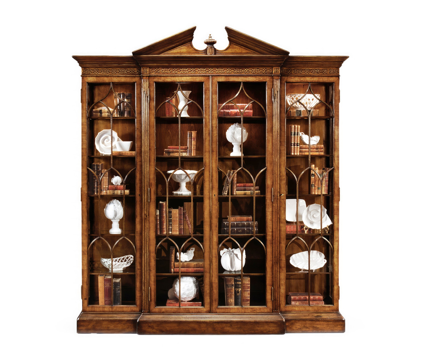 Triple Breakfront Walnut Display Cabinet with Pediment