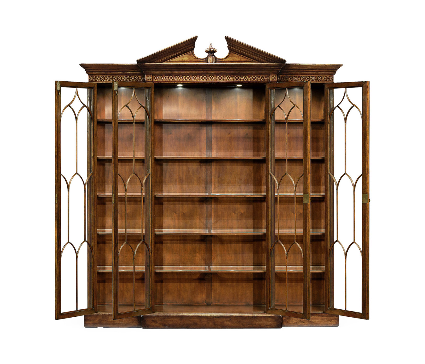 Triple Breakfront Walnut Display Cabinet with Pediment