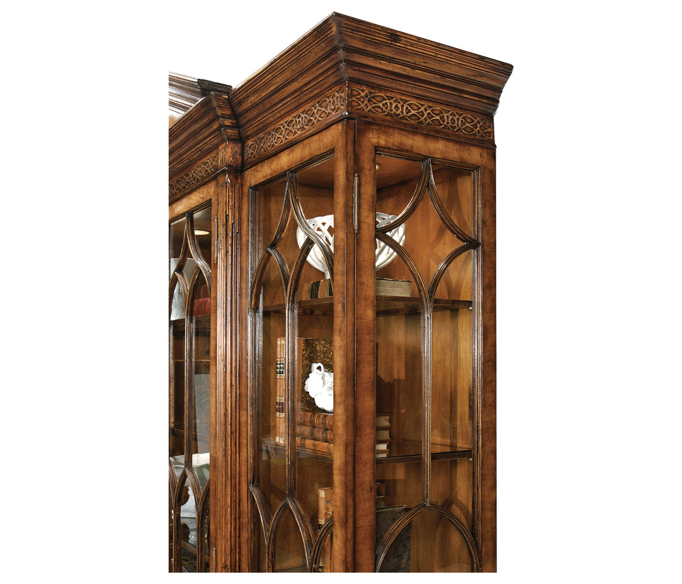 Triple Breakfront Walnut Display Cabinet with Pediment
