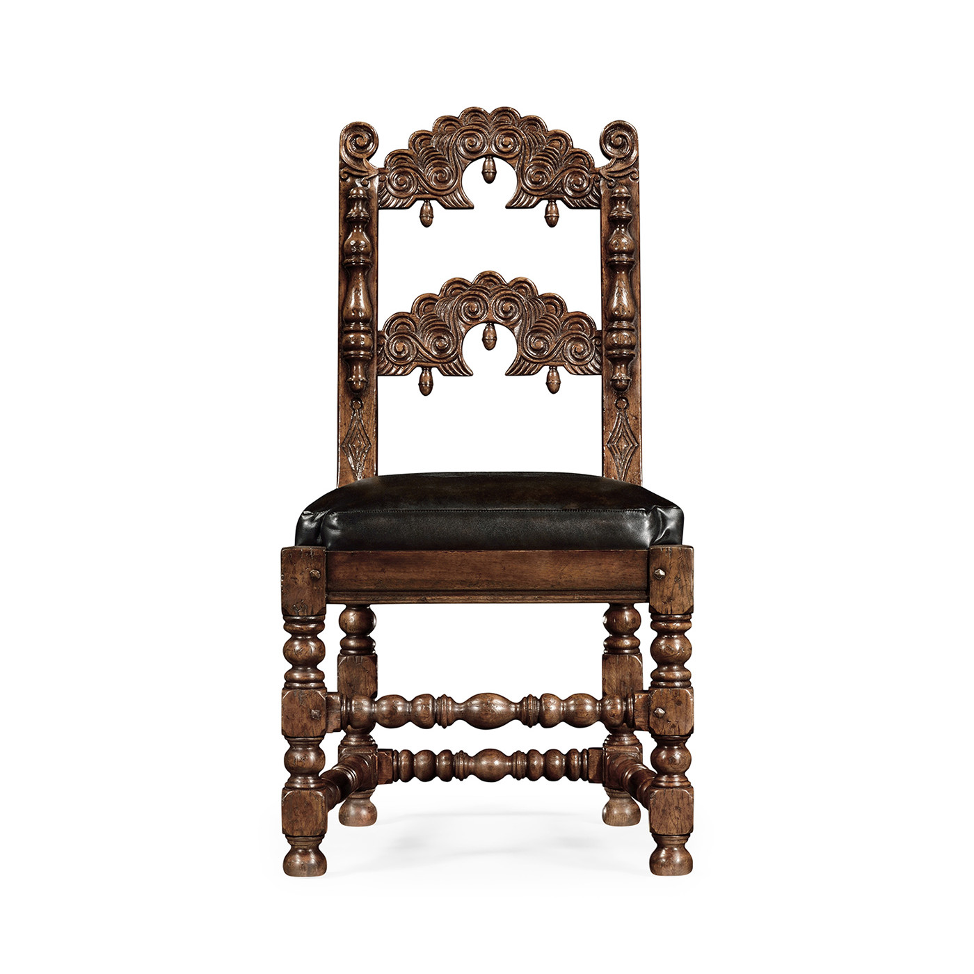 Elizabethan Style Dark Oak Side Chair Open Back with Antique Caviar Black Leather