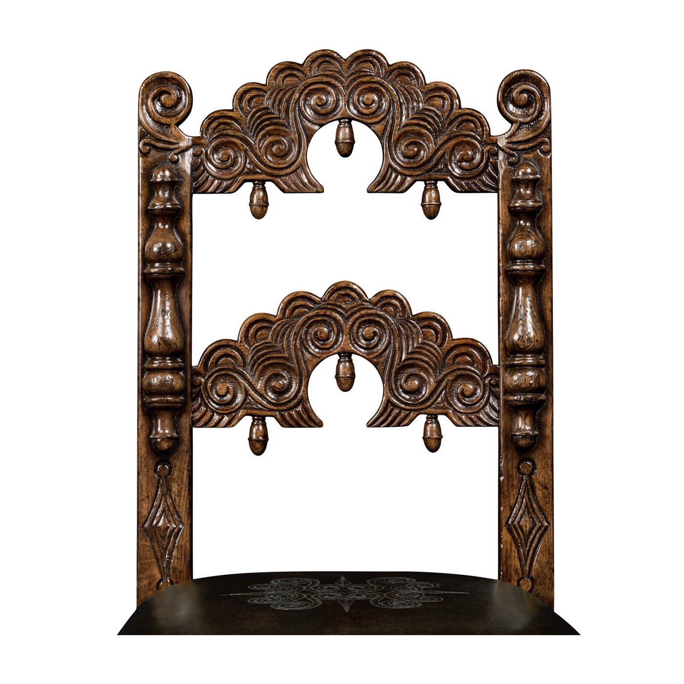 Elizabethan Style Dark Oak Side Chair Open Back with Antique Caviar Black Leather