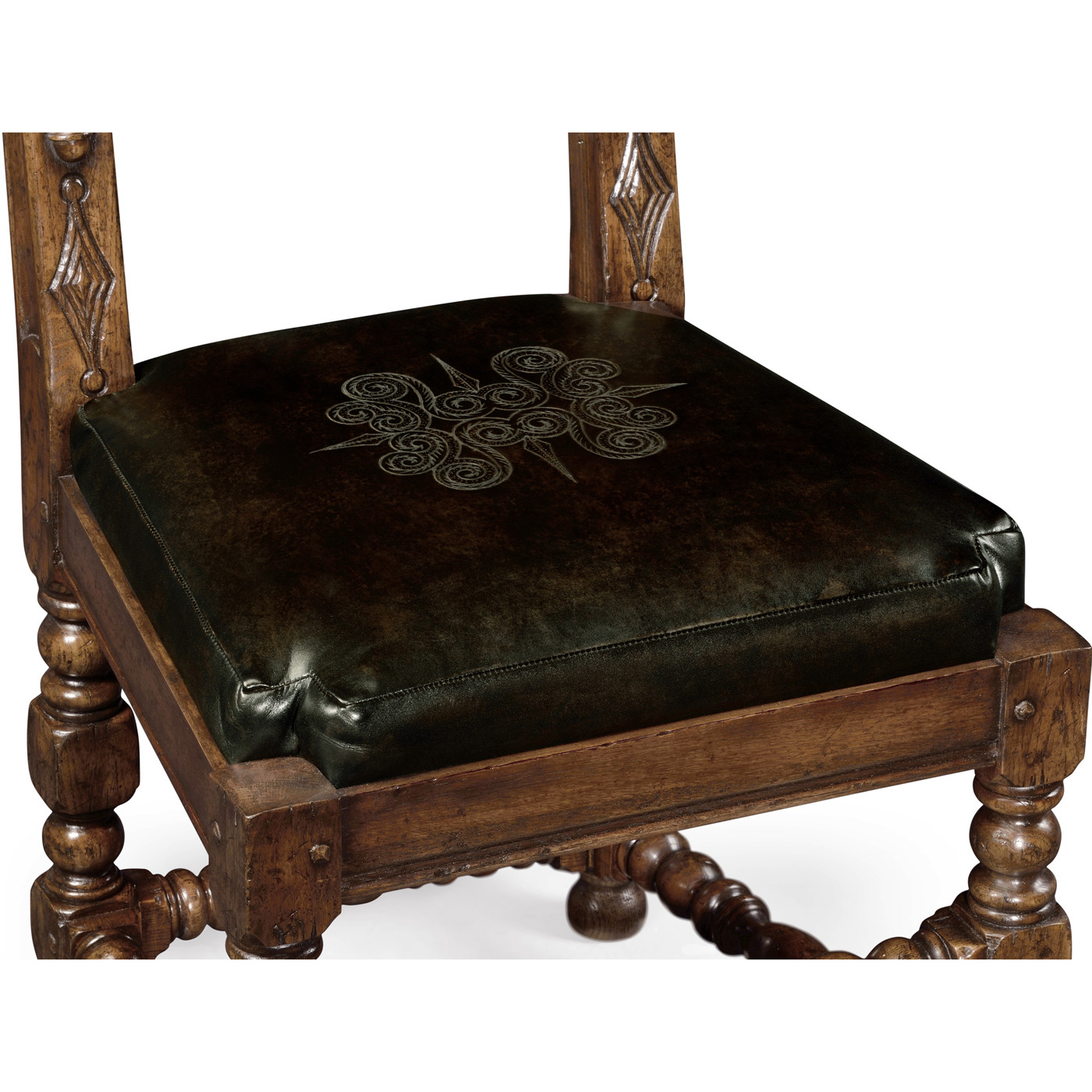 Elizabethan Style Dark Oak Side Chair Open Back with Antique Caviar Black Leather
