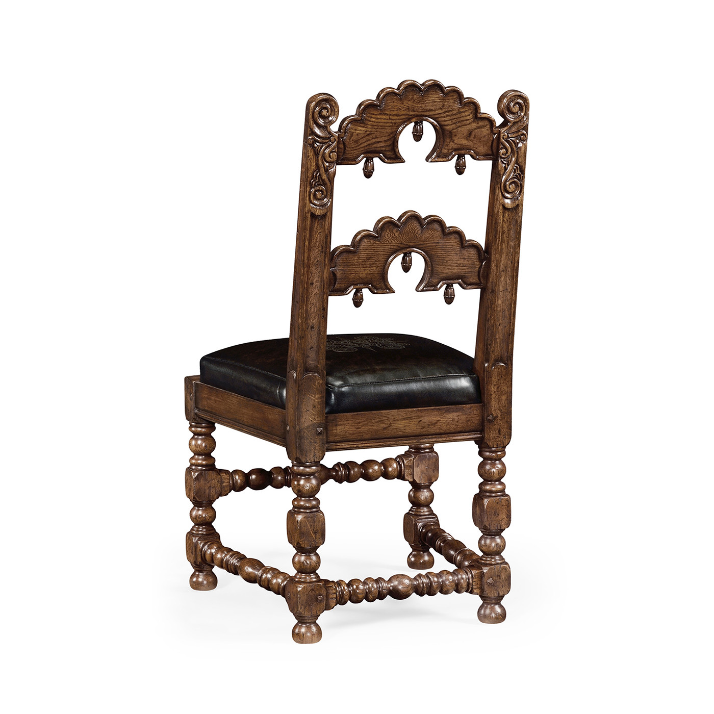 Elizabethan Style Dark Oak Side Chair Open Back with Antique Caviar Black Leather