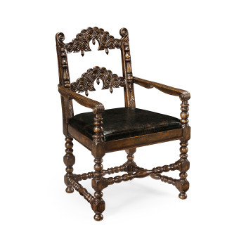 Elizabethan Style Dark Oak Arm Chair Open Back with Antique Caviar Black Leather