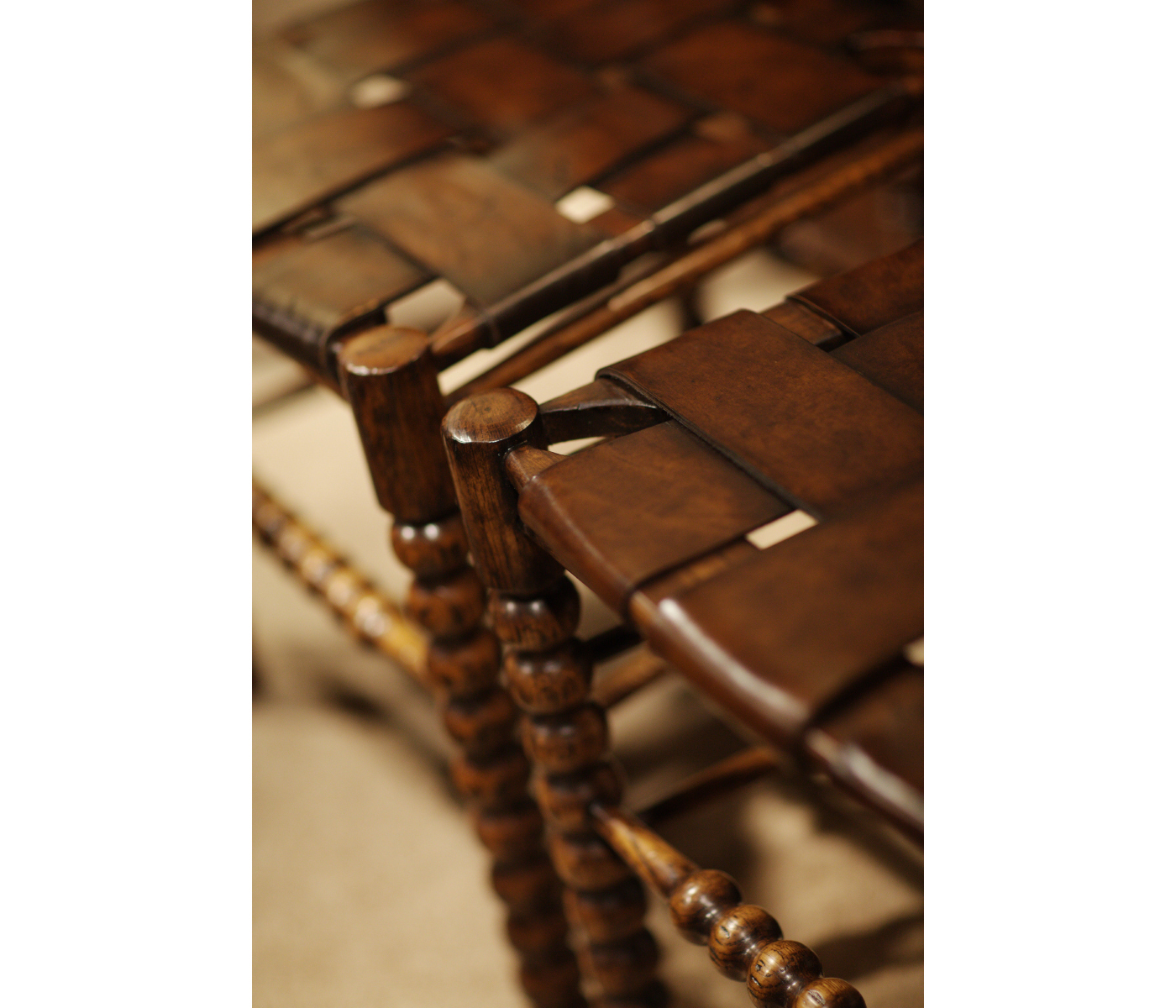 Bobbin Dark Oak Side Chair with a Medium Antique Chestnut Leather Seat