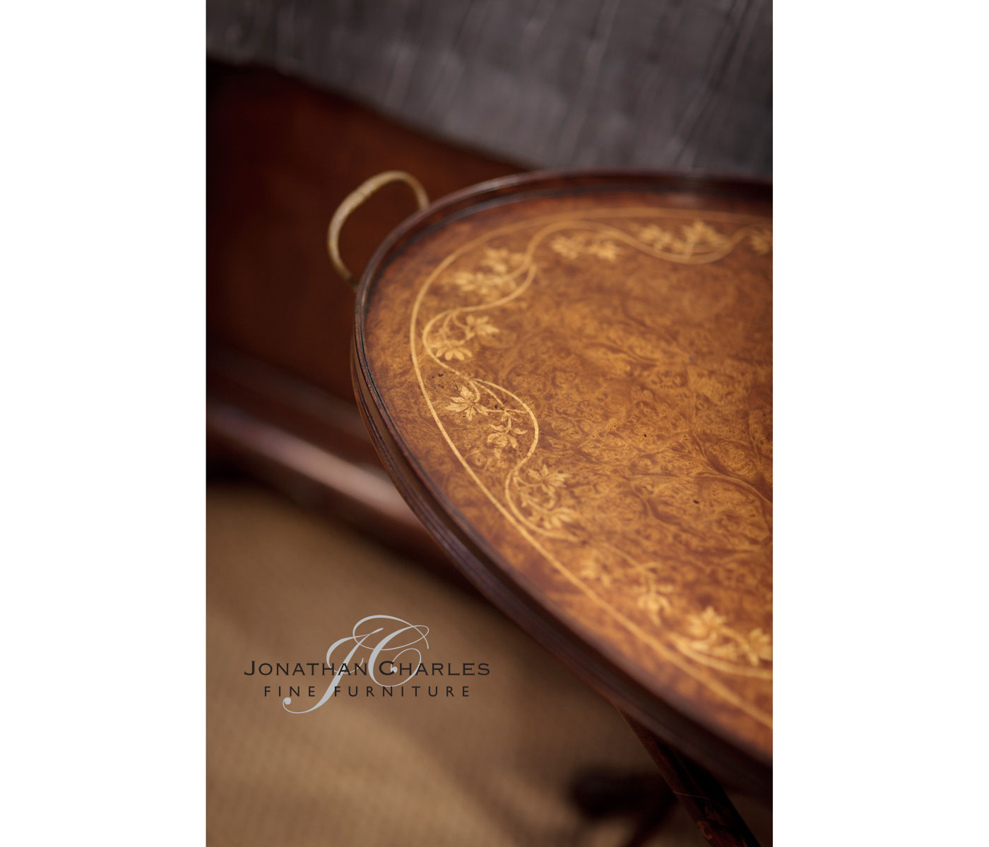 Oval Burl Walnut Tray on Stand with Floral Inlay