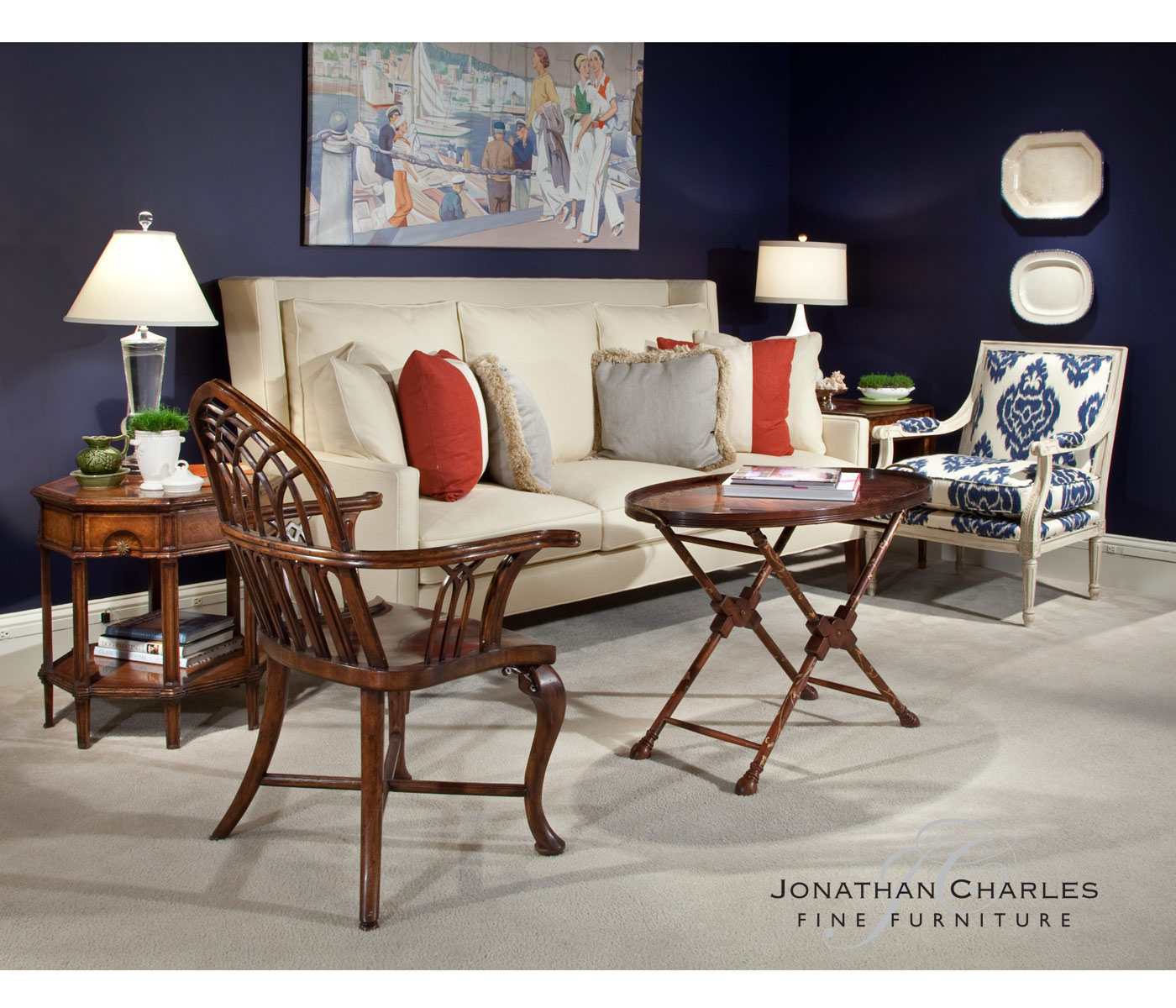 Oval Mahogany Tray on Stand with Floral Inlay