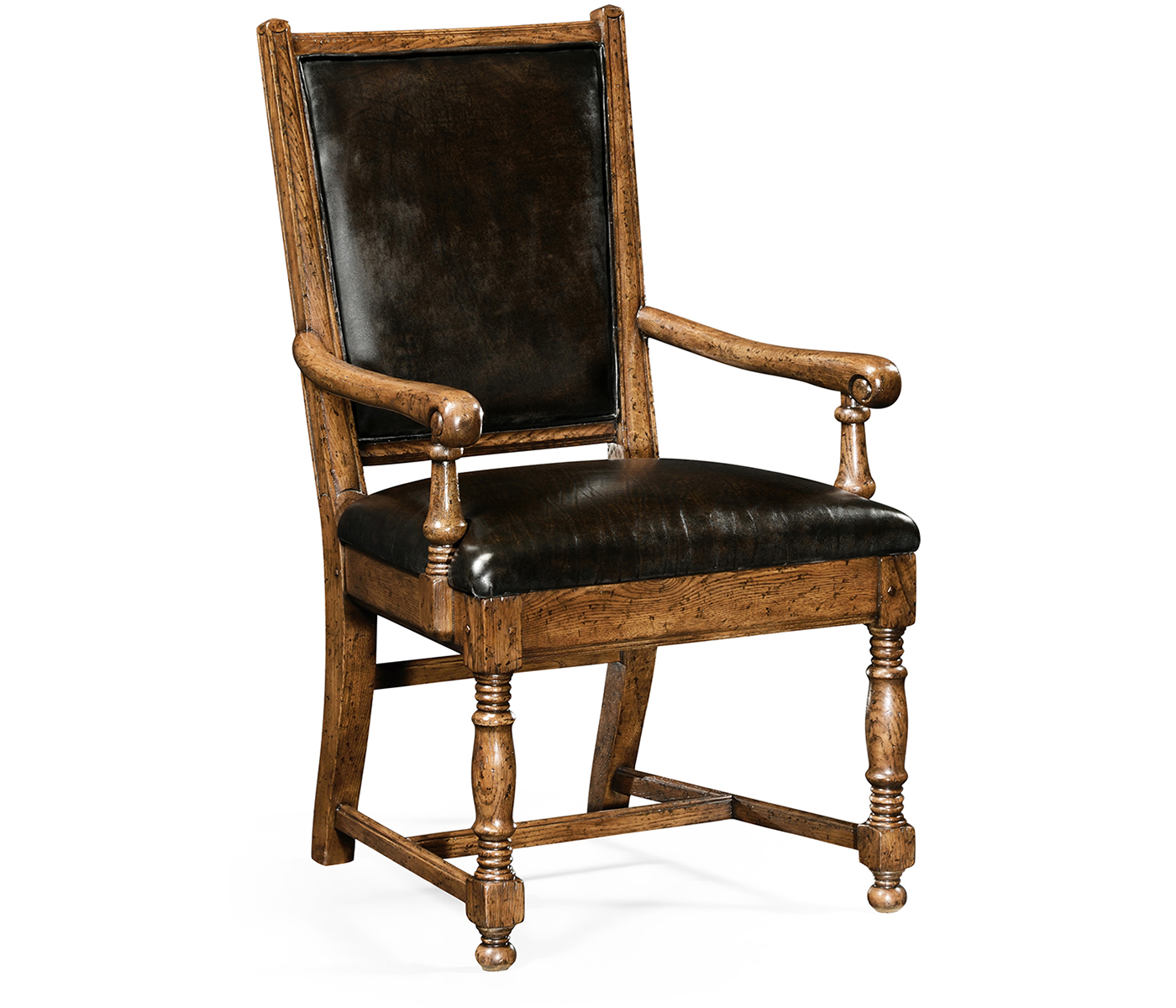 Brown Oak Country Arm Chair Antique Caviar Black Leather Upholstery