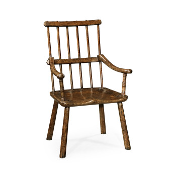 Rustic Dark Oak Country Arm Chair with A Plank Seat