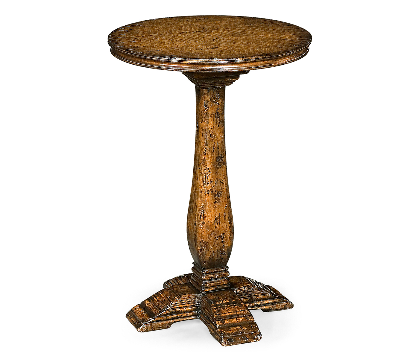 Walnut round lamp table heavy distress