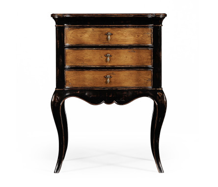 French style black painted and cherry bedside chest