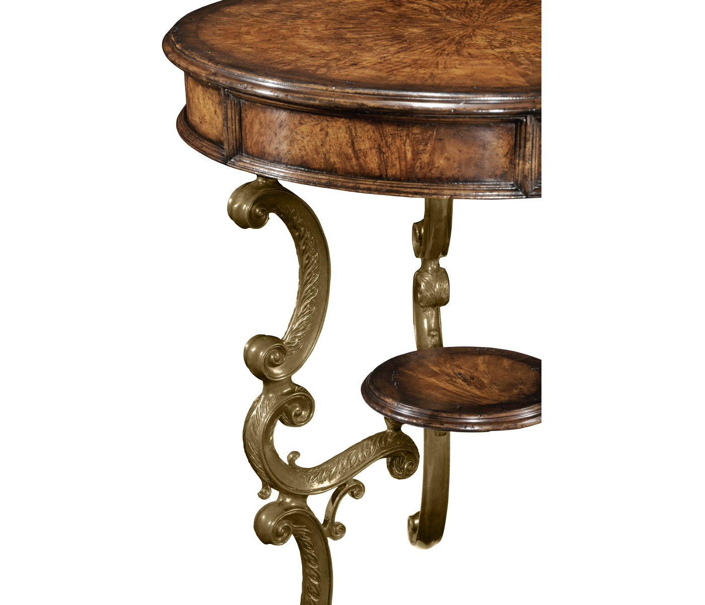 Crotch walnut round table on brass base