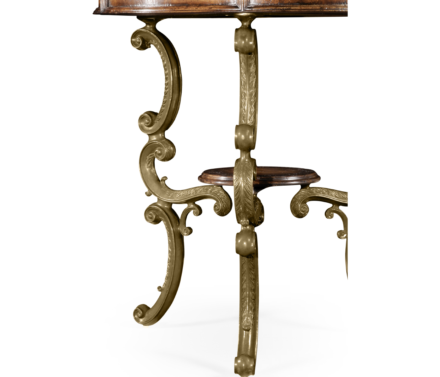 Crotch walnut round table on brass base