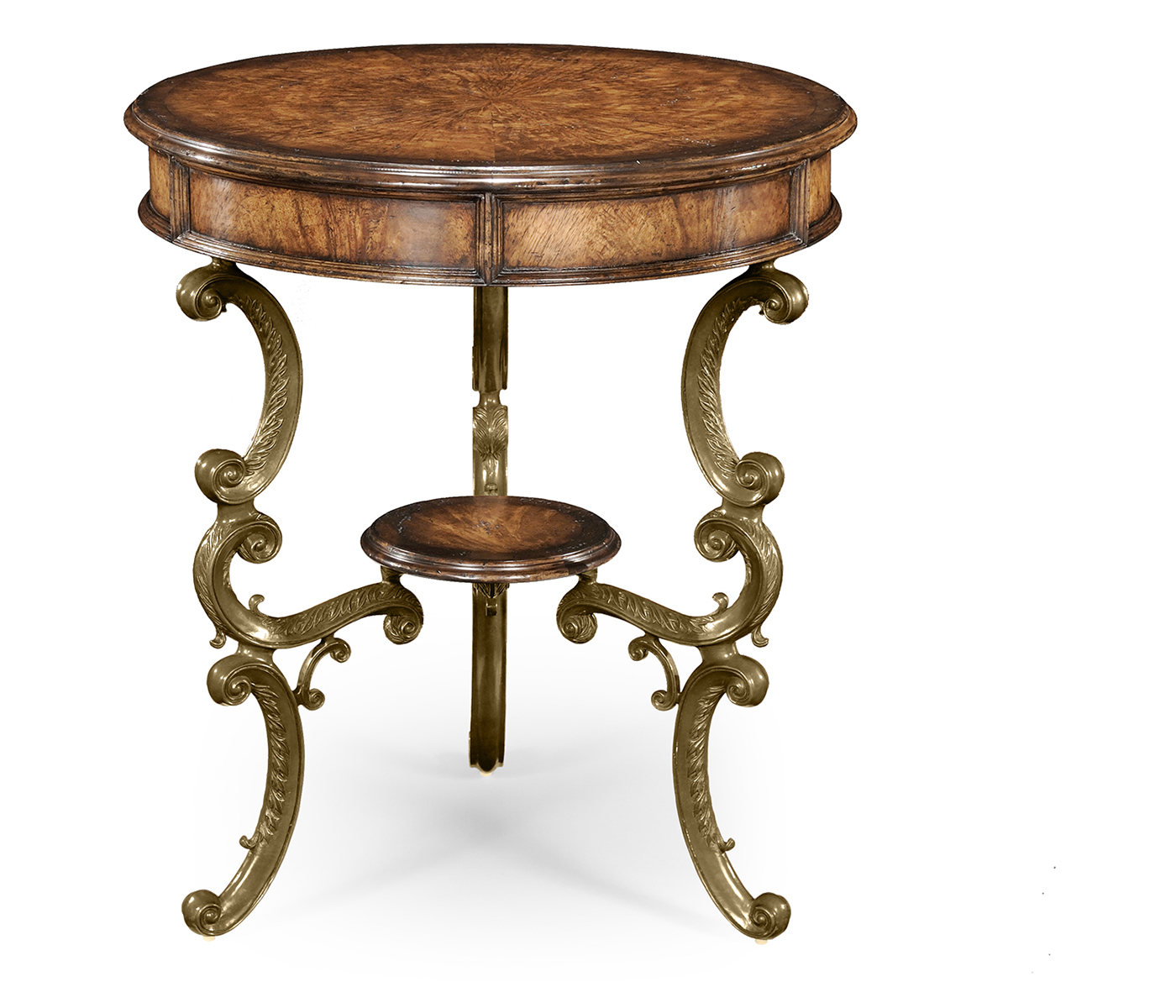 Crotch walnut round table on brass base