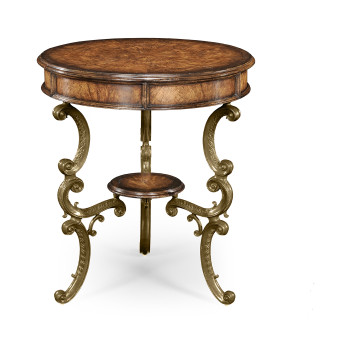 Crotch walnut round table on brass base