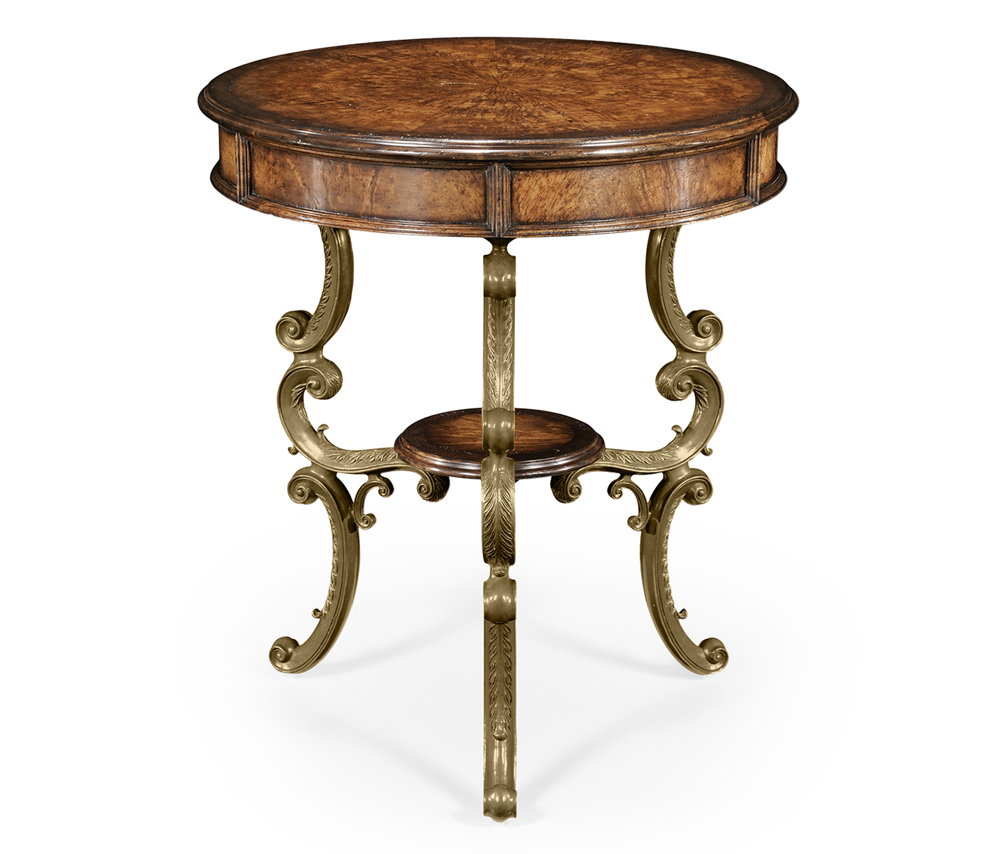 Crotch walnut round table on brass base