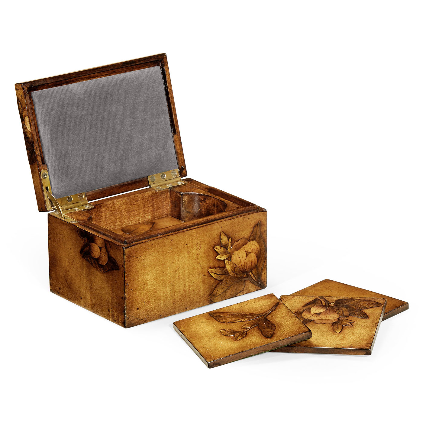 Walnut Raised Floral Drinks Coasters Box