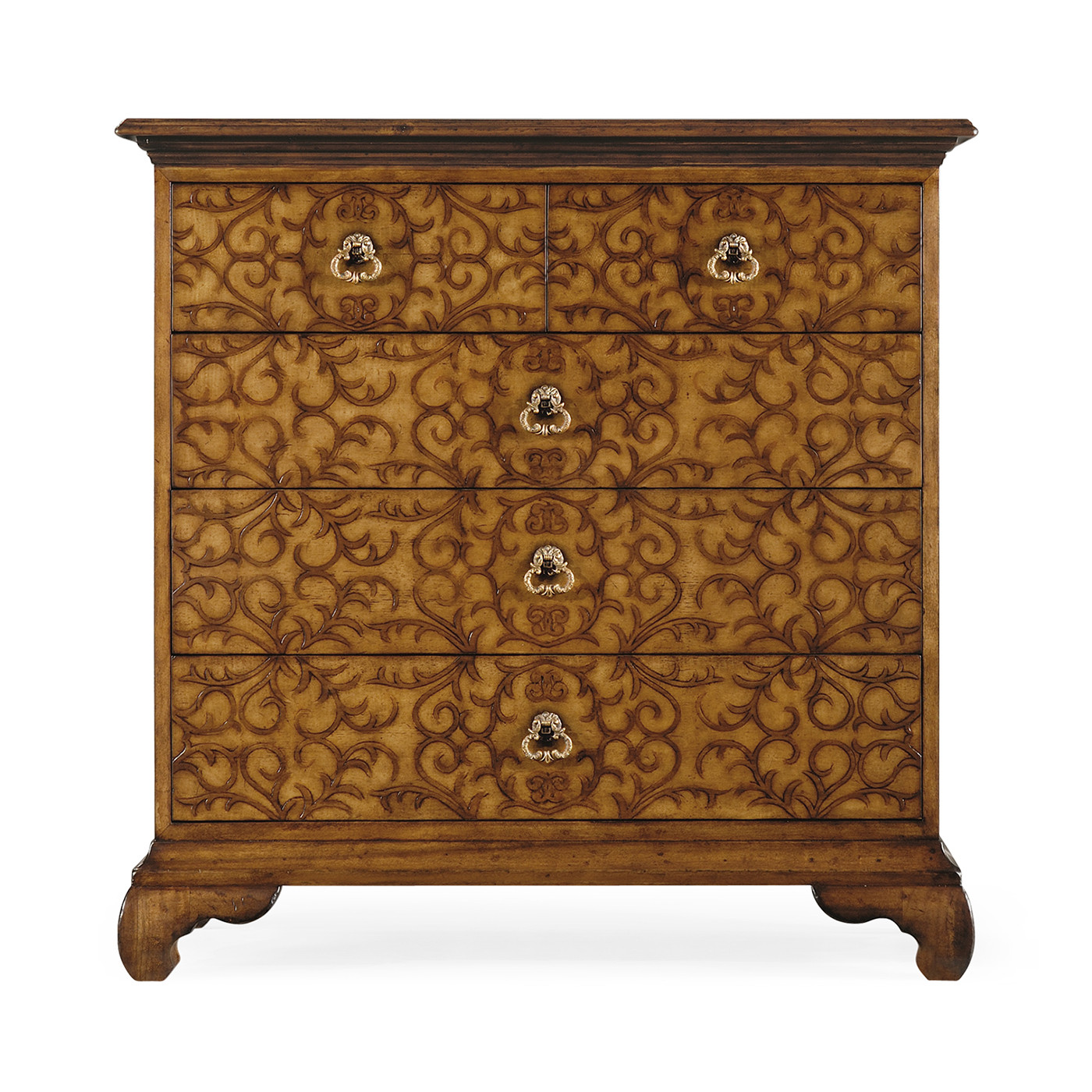 Walnut raised arabesques chest of drawers