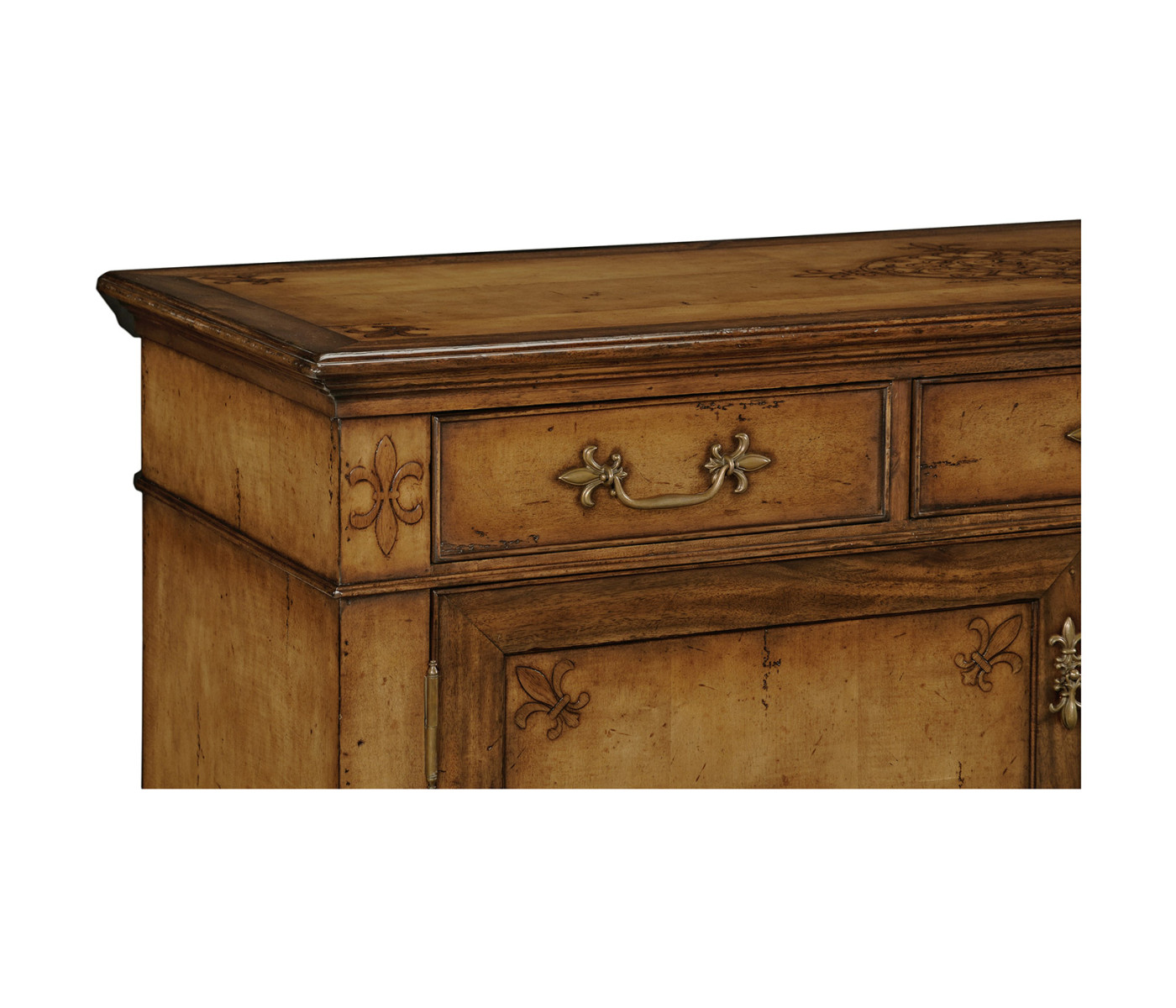 Raised veneer two door cabinet with three drawers