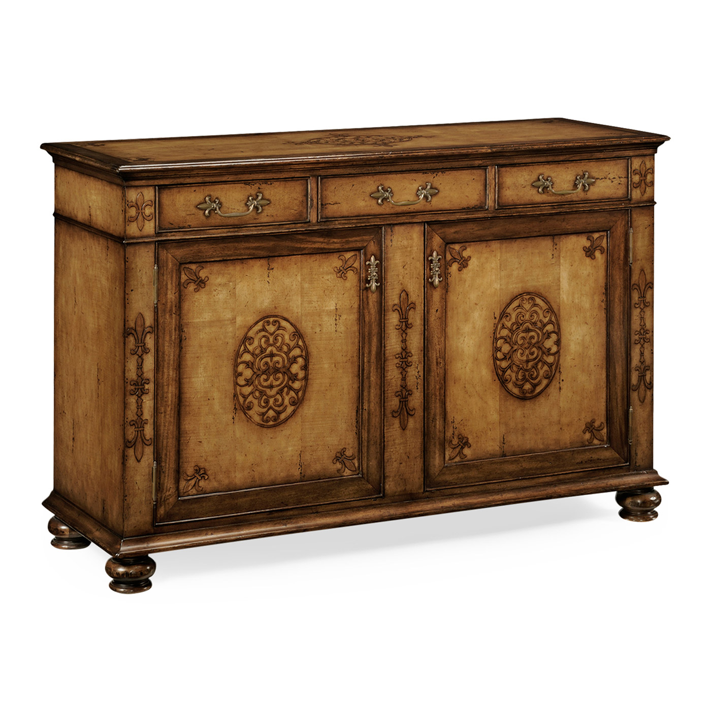 Raised veneer two door cabinet with three drawers