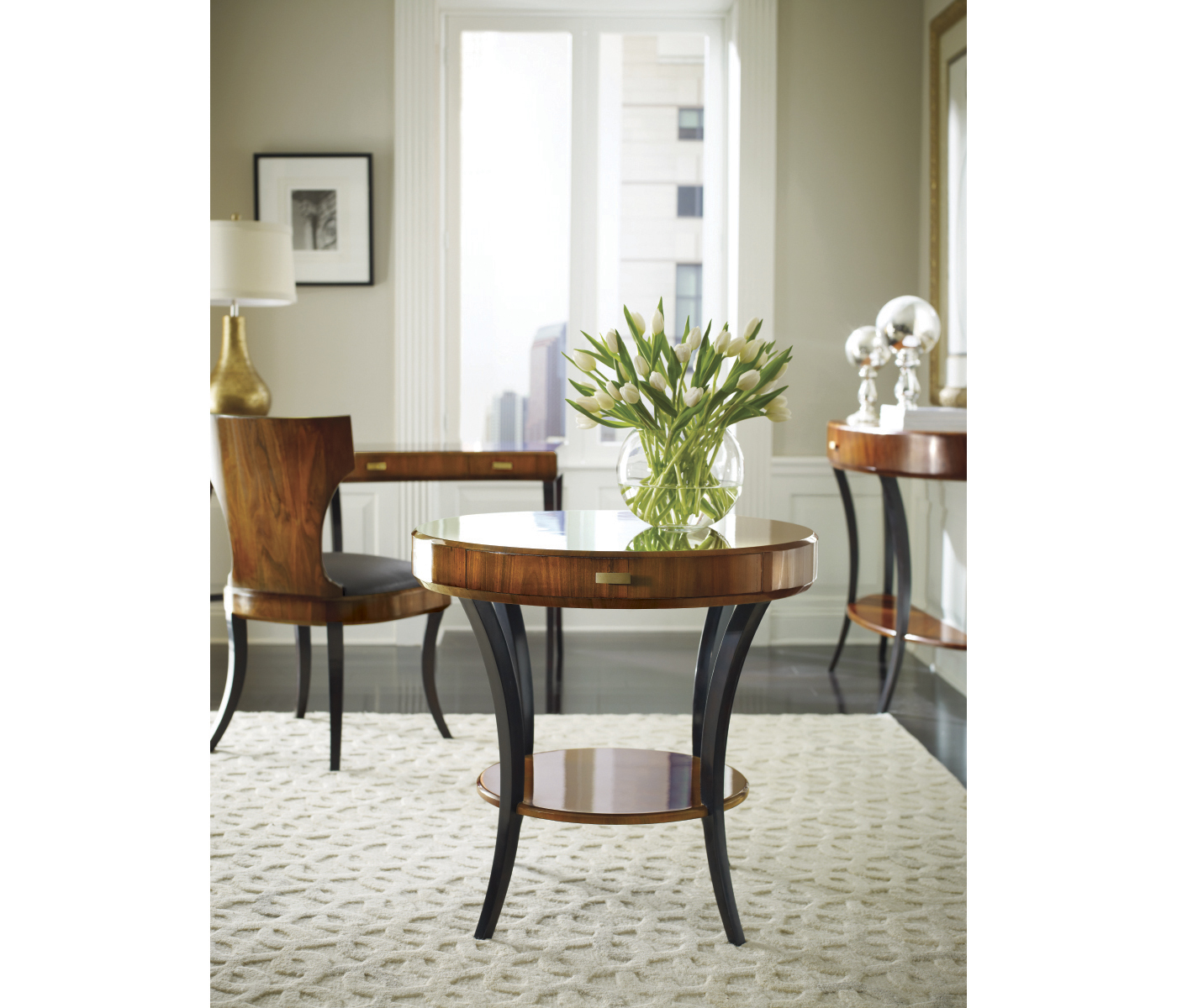 Art Deco Satin Round Side Table with Drawer