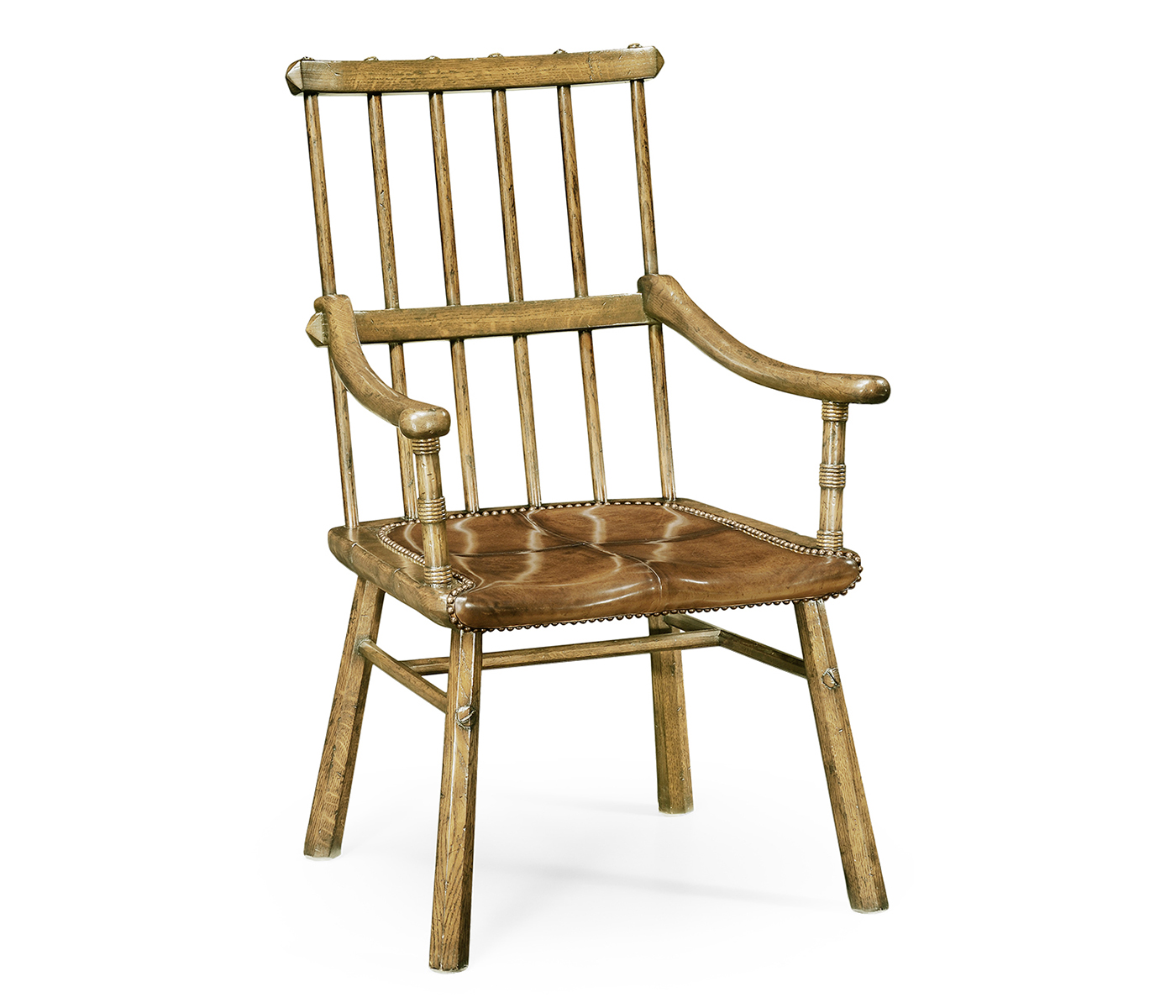 Rustic Natural Oak Country Arm Chair with A Antique Chestnut Leather Seat
