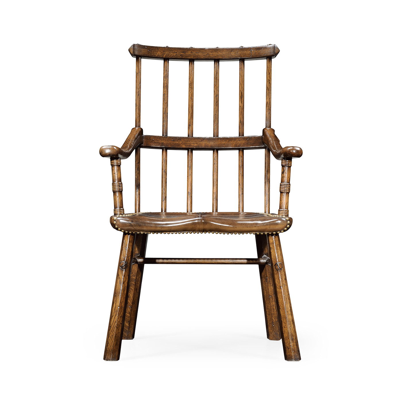 Rustic Dark Oak Country Arm Chair with A Dark Antique Chestnut Leather Seat