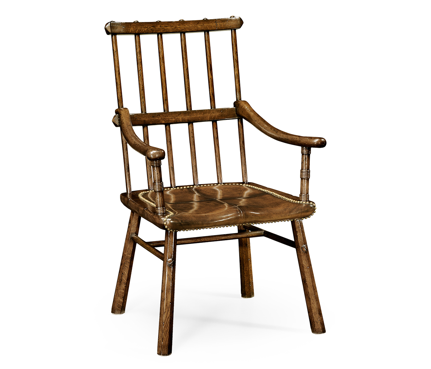 Rustic Dark Oak Country Arm Chair with A Dark Antique Chestnut Leather Seat