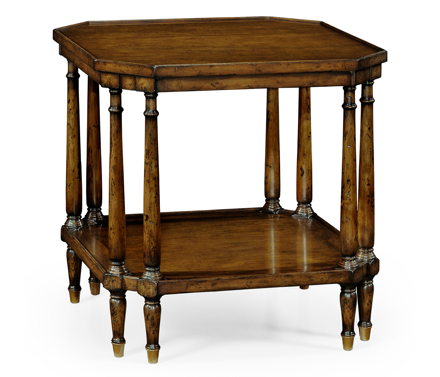 Square Walnut Side Table with Brass Capped Feet