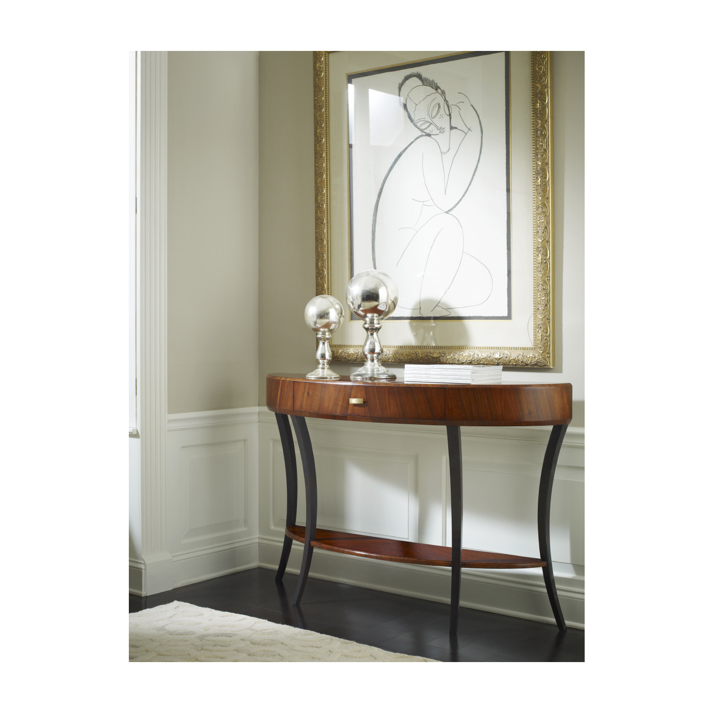 Art Deco Satin Large Demilune Console Table with Drawer