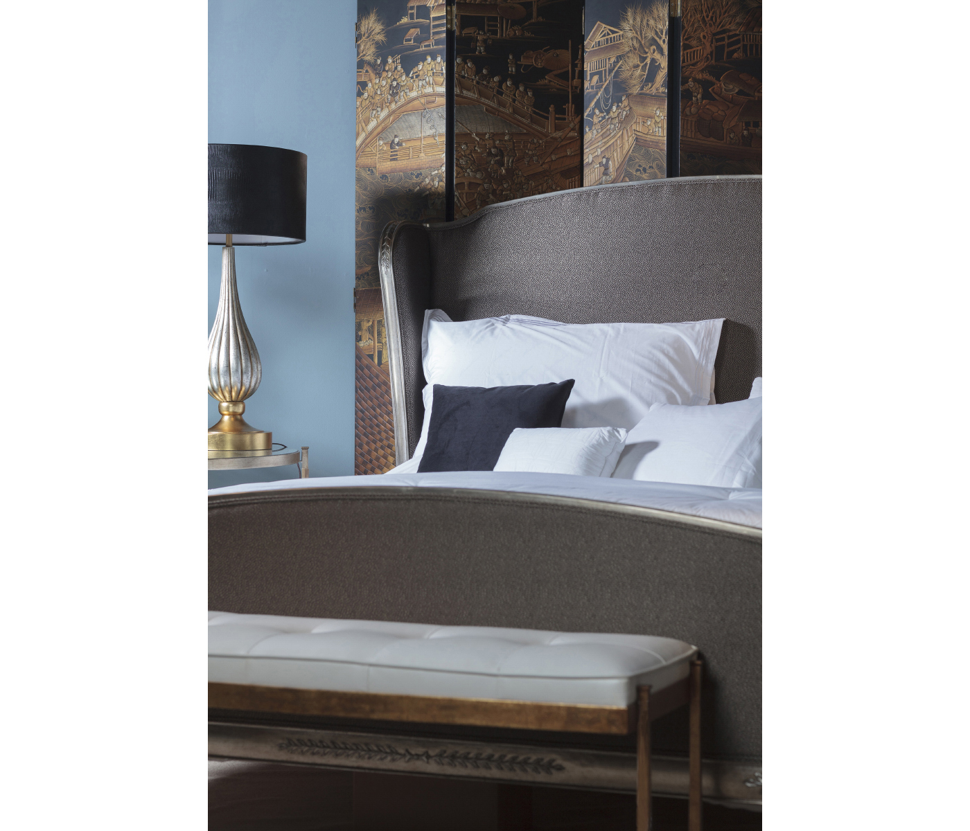 Gilded Iron & Cream Leather Bench