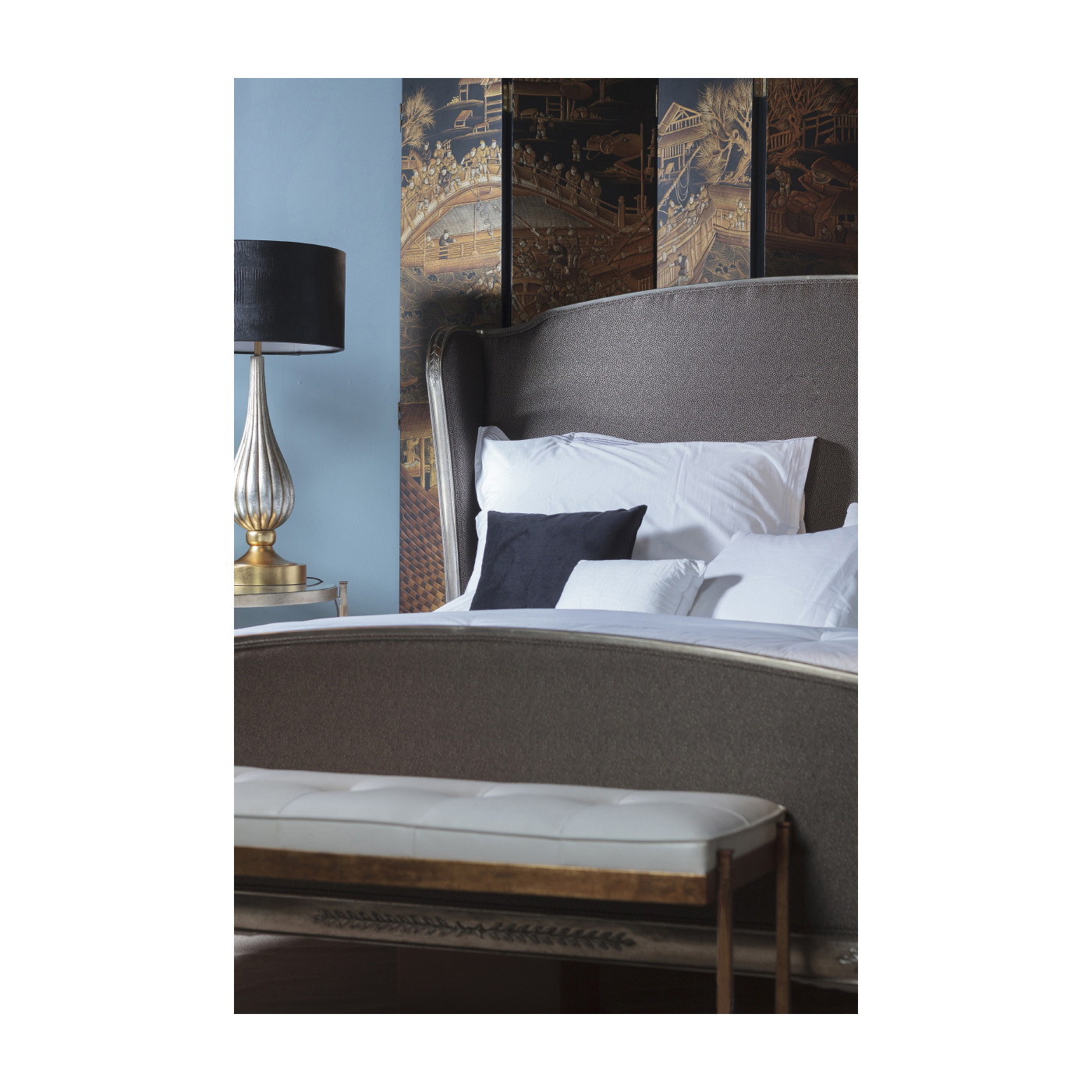 Gilded Iron & Cream Leather Bench