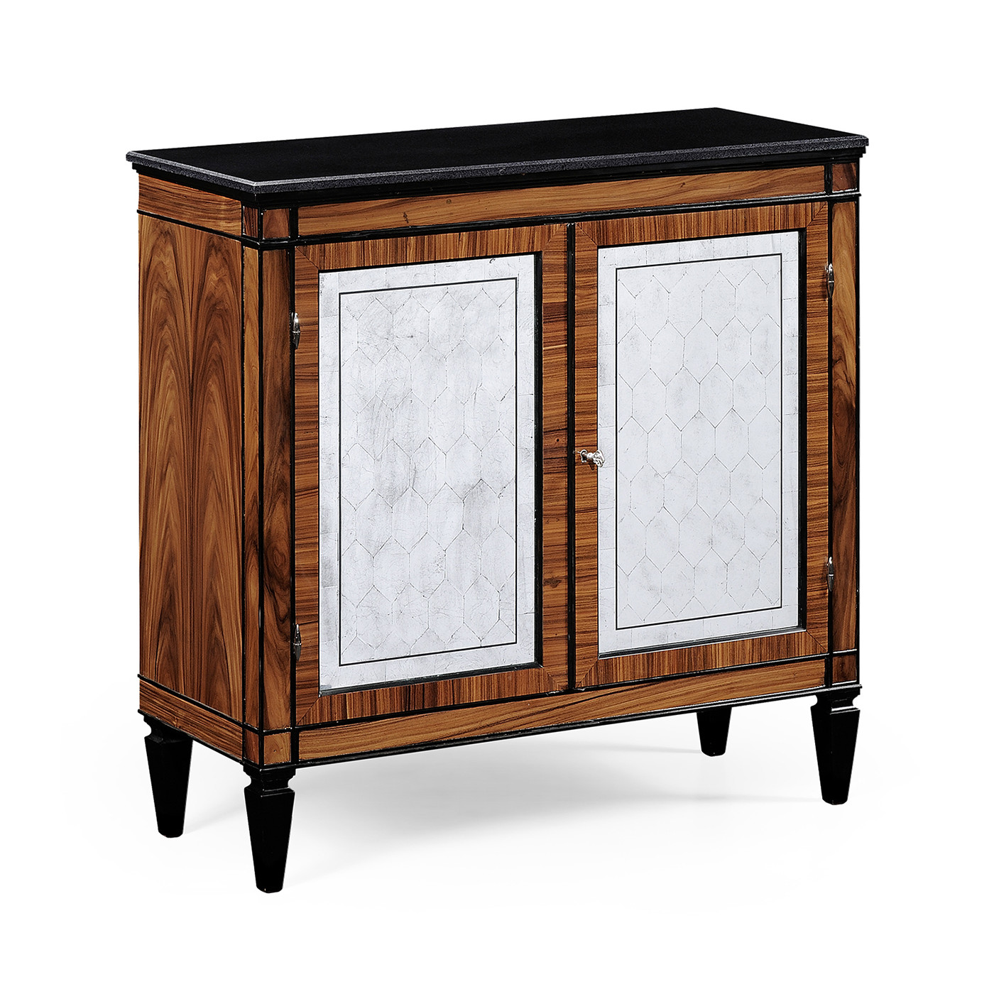 Rosewood & ebonised marble topped side cabinet with brass