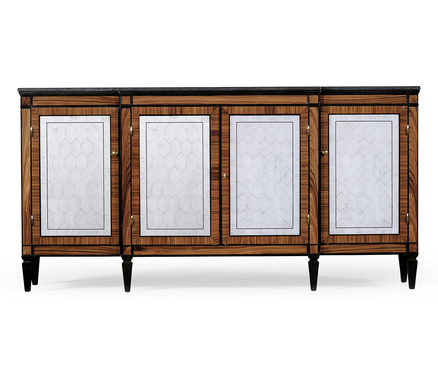 Rosewood & ebonised marble topped breakfront cabinet with brass