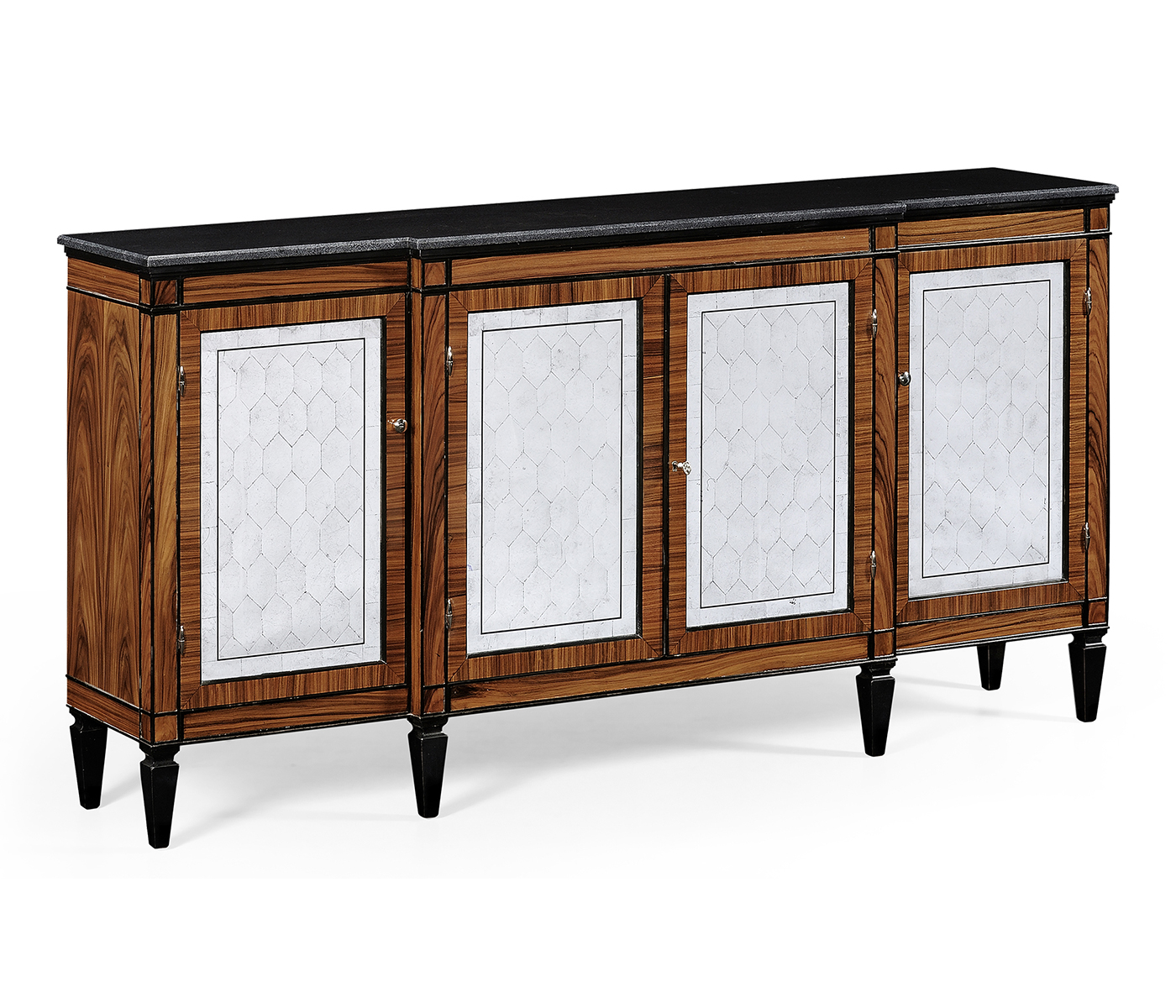 Rosewood & ebonised marble topped breakfront cabinet with brass