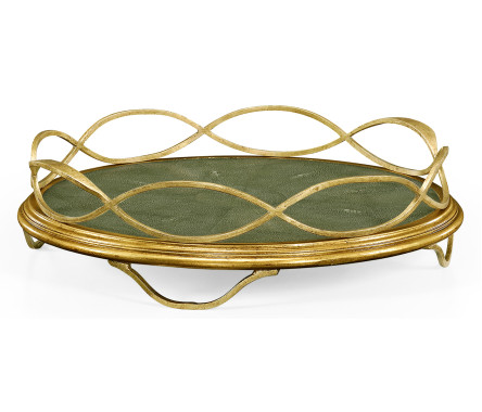 Green Faux Shagreen & Gilded Iron Circular Tray