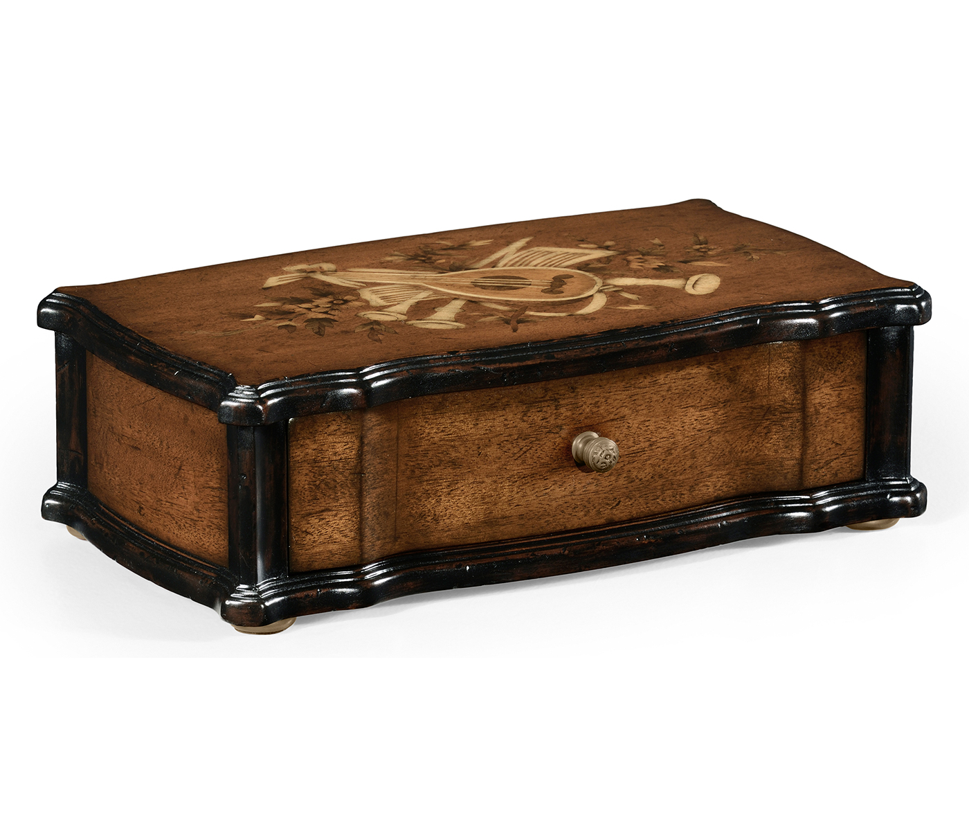 Mahogany Lidded Box with Musical Instrument Design Inlay