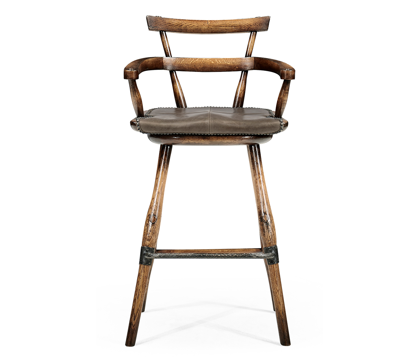 Dark Brown Oak Arm Bar Stool with Studded Haven Leather Seat