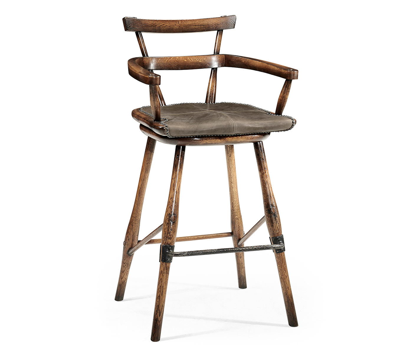 Dark Brown Oak Arm Bar Stool with Studded Haven Leather Seat
