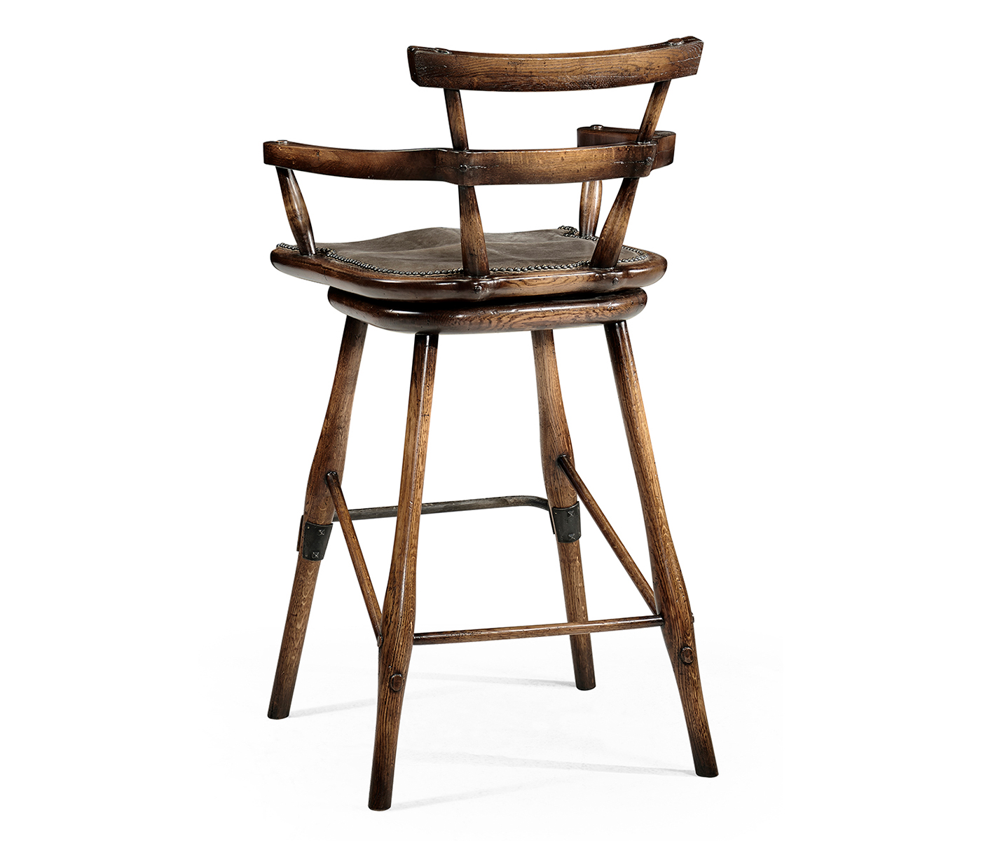 Dark Brown Oak Arm Bar Stool with Studded Haven Leather Seat