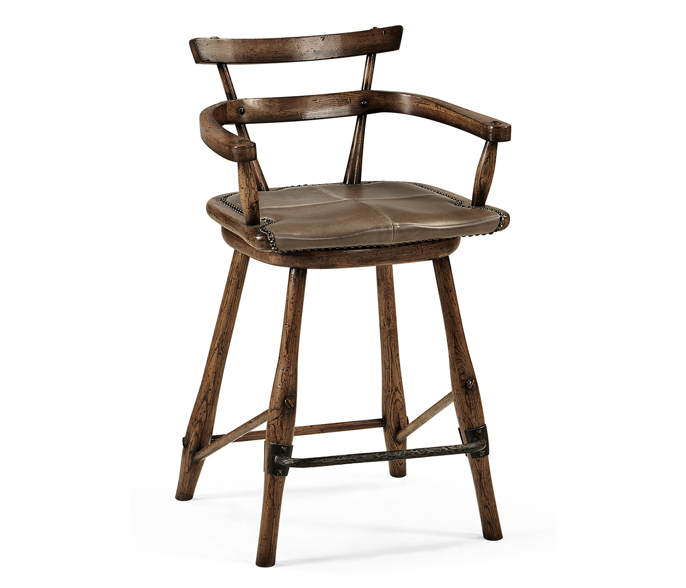 Dark Brown Oak Arm Counter Stool with Studded Haven Leather Seat