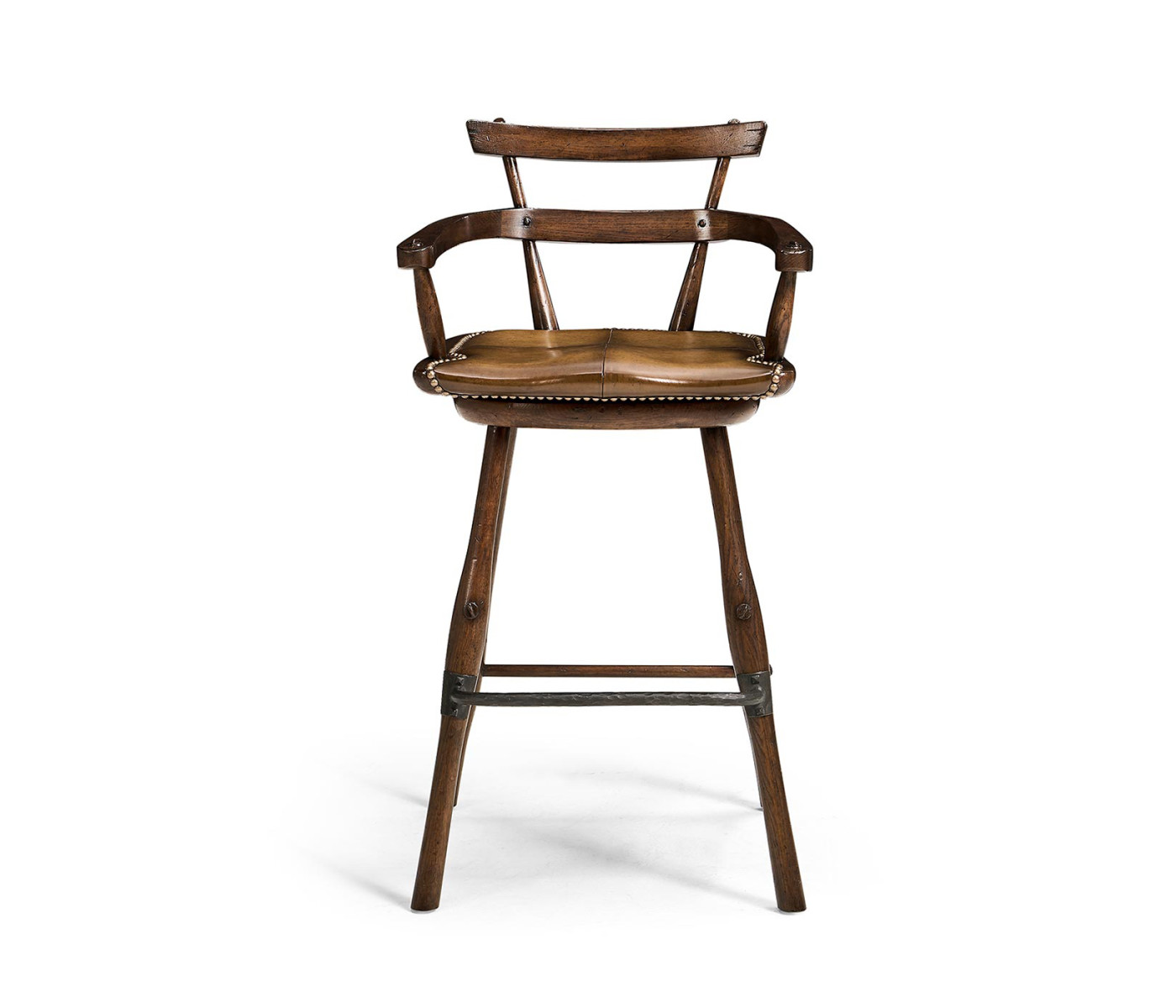 Dark Oak Arm Bar Stool with A Studded Dark Antique Leather Seat